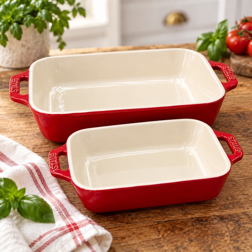 STAUB Ceramic 2 Pc Baking Dish Set Cherry Red Rectangular Stoneware Nesting